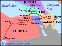 Il percorso del gasdotto BTC attraverso gli stati amici dell'Occidente, Turchia, Georgia e Azerbaijan. (Fonte: Voltaire Network)